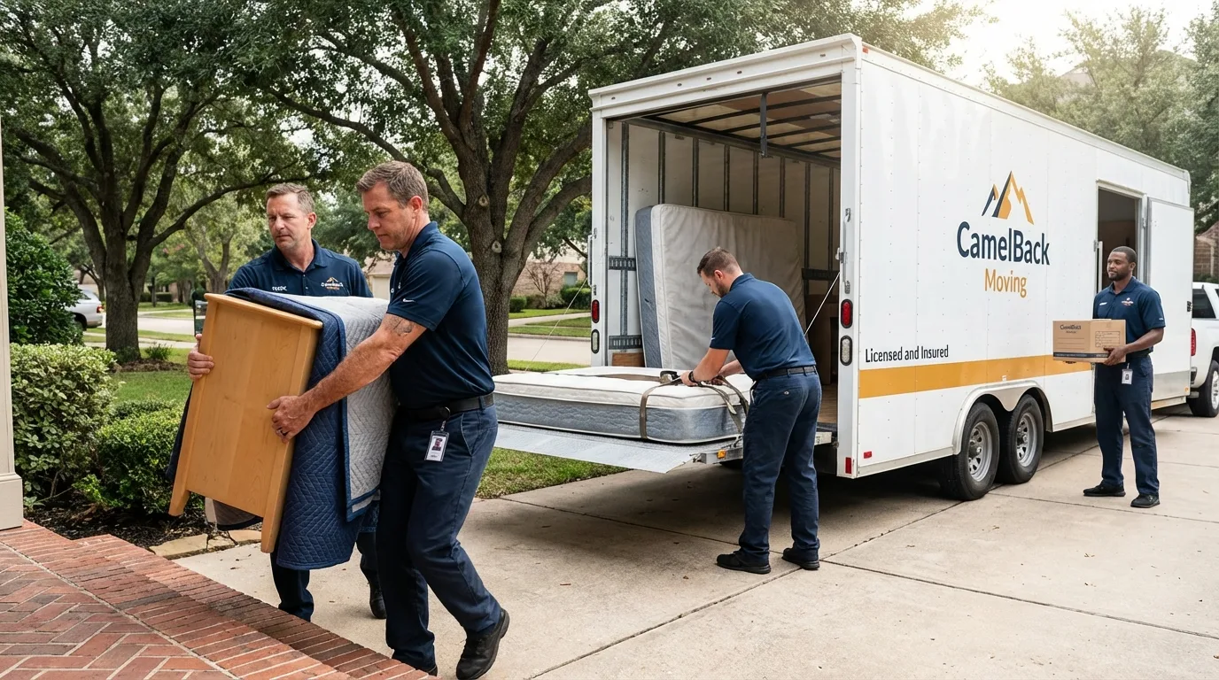Crew loading residential truck for cross-state move from Seymour, TX