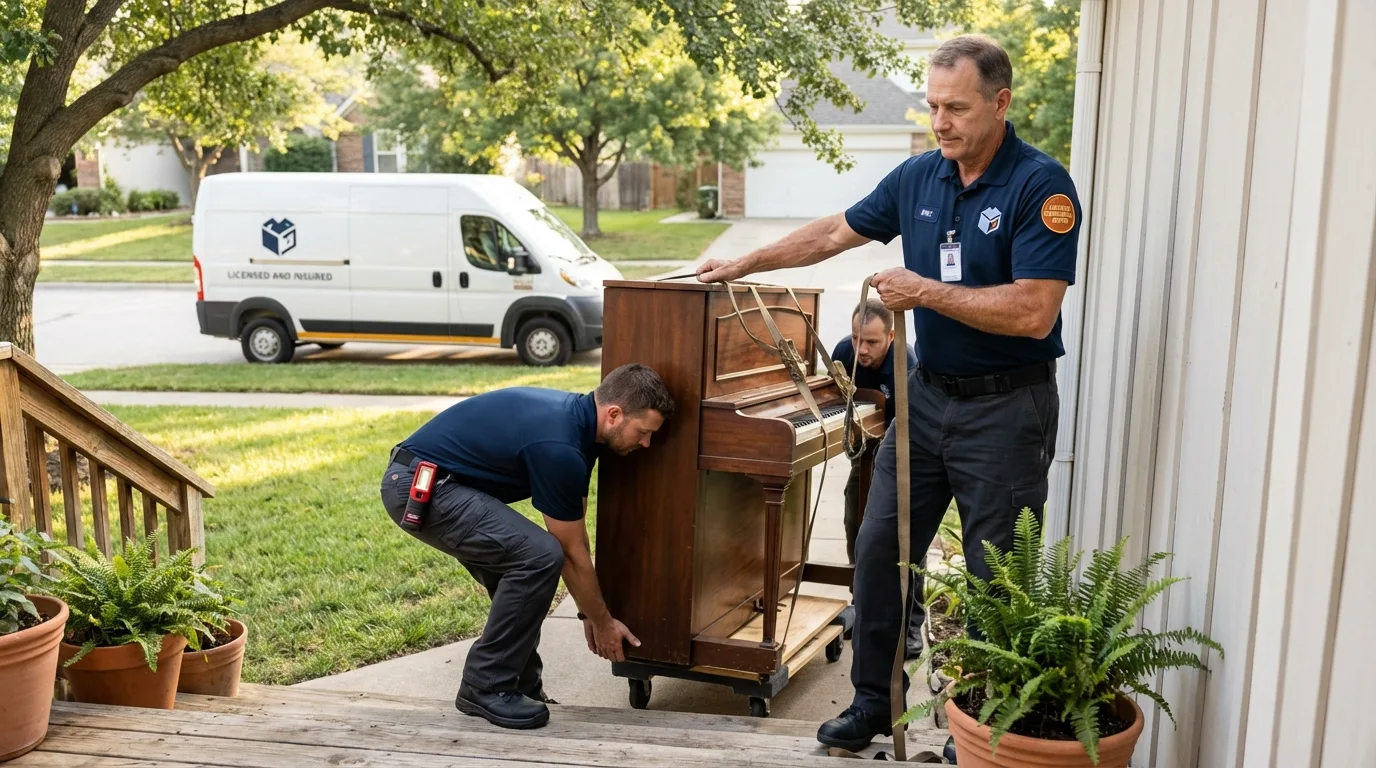 Licensed piano movers securing grand piano in Seymour, TX