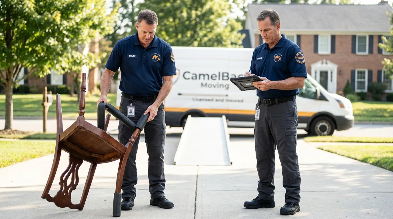 Movers inspecting furniture for damage prevention before loading in Seymour, TX