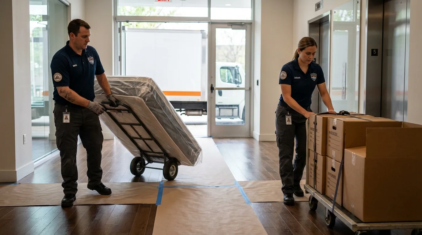 Professional apartment movers loading elevator in Seymour, TX